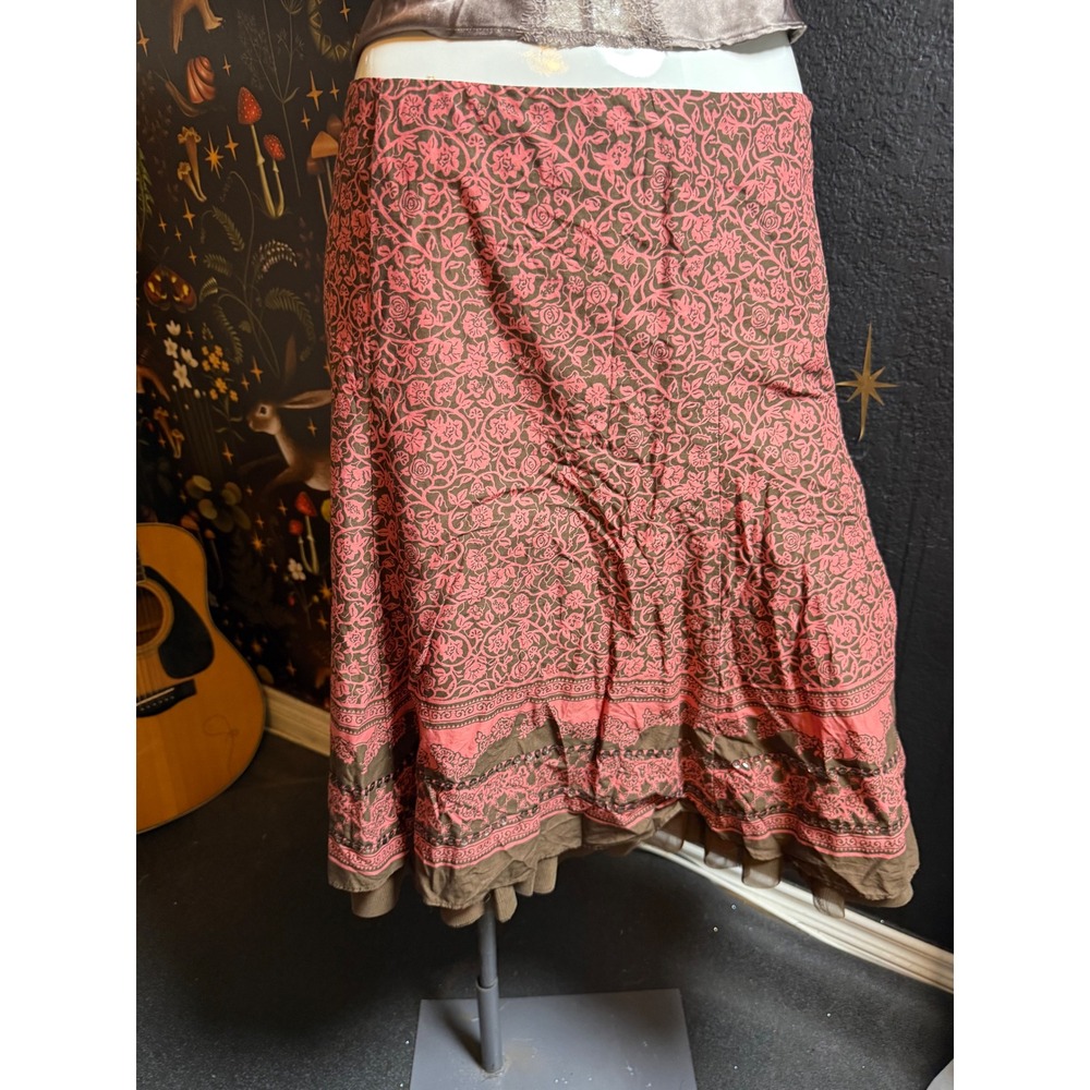 Apt. 9 Pink Brown Floral Sequin Boho Midi Skirt Mesh Ruffle Hem Size 12